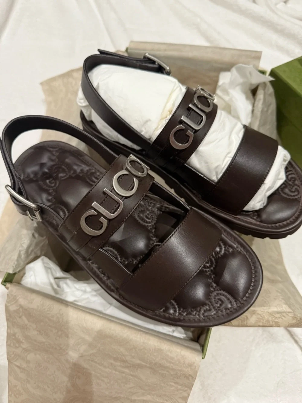 Gucci Dark Brown Leather Logo Buckle Sandals UK7
